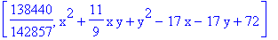 [138440/142857, x^2+11/9*x*y+y^2-17*x-17*y+72]